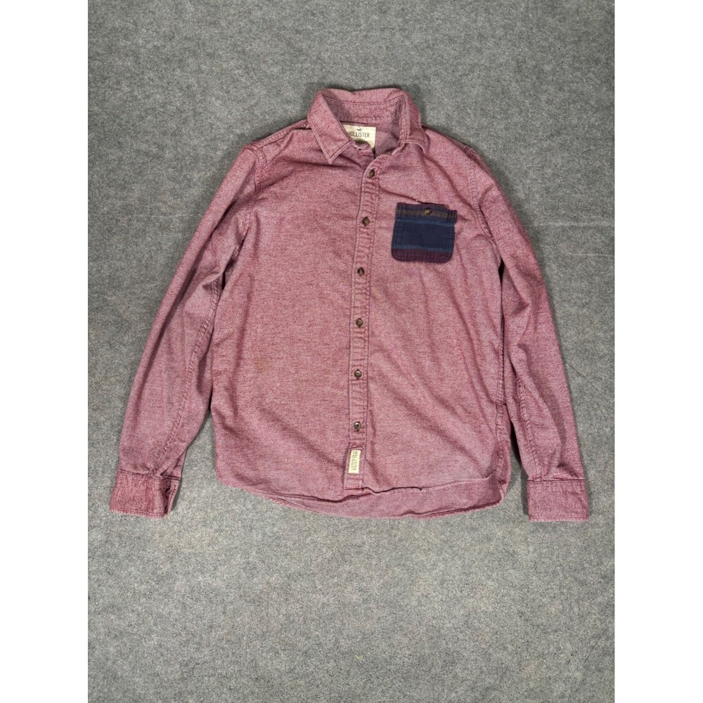 Hollister Mens Long‎ Sleeve Button Down Shirt Burgundy Red Contrast Pocket Large